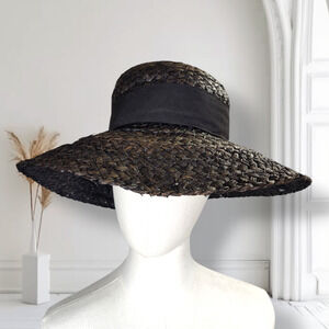 Peter Grimm Black Straw Cottagecore Wide Brim Hat with Bow